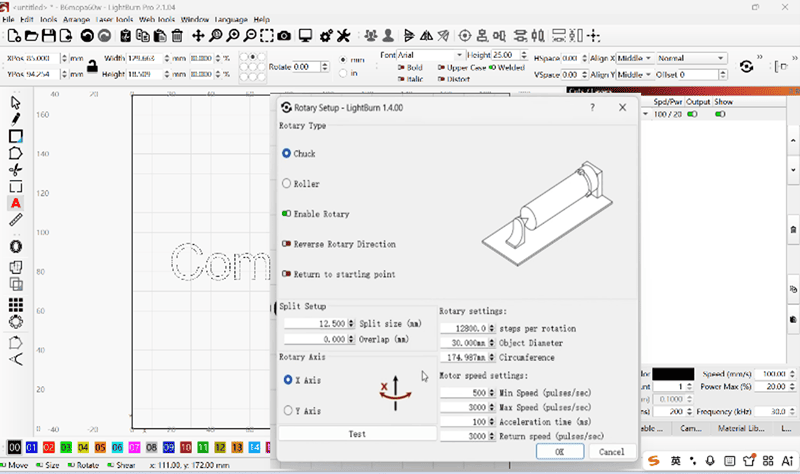 adjust rotary setting in lightburn
