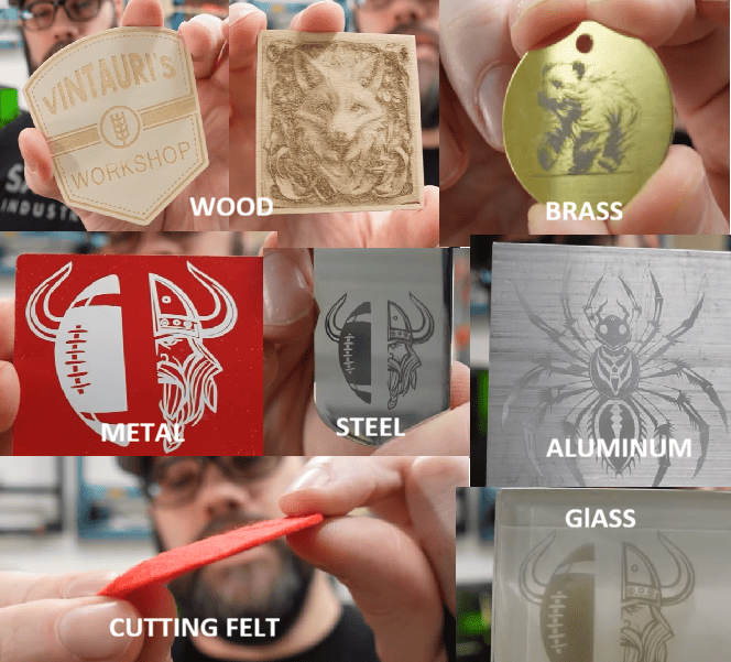Metal, wood , fabric and glass engraved with the ComMarker laser engraver