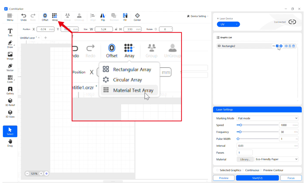 ComMarker Studio Material Test Button