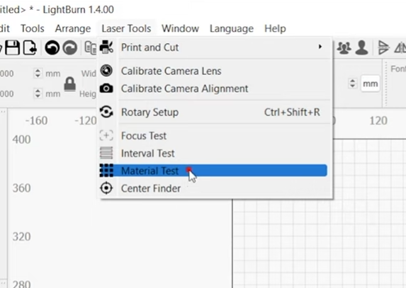 Lightburn material test button