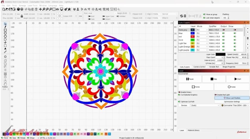 lightburn laser engrave color setting