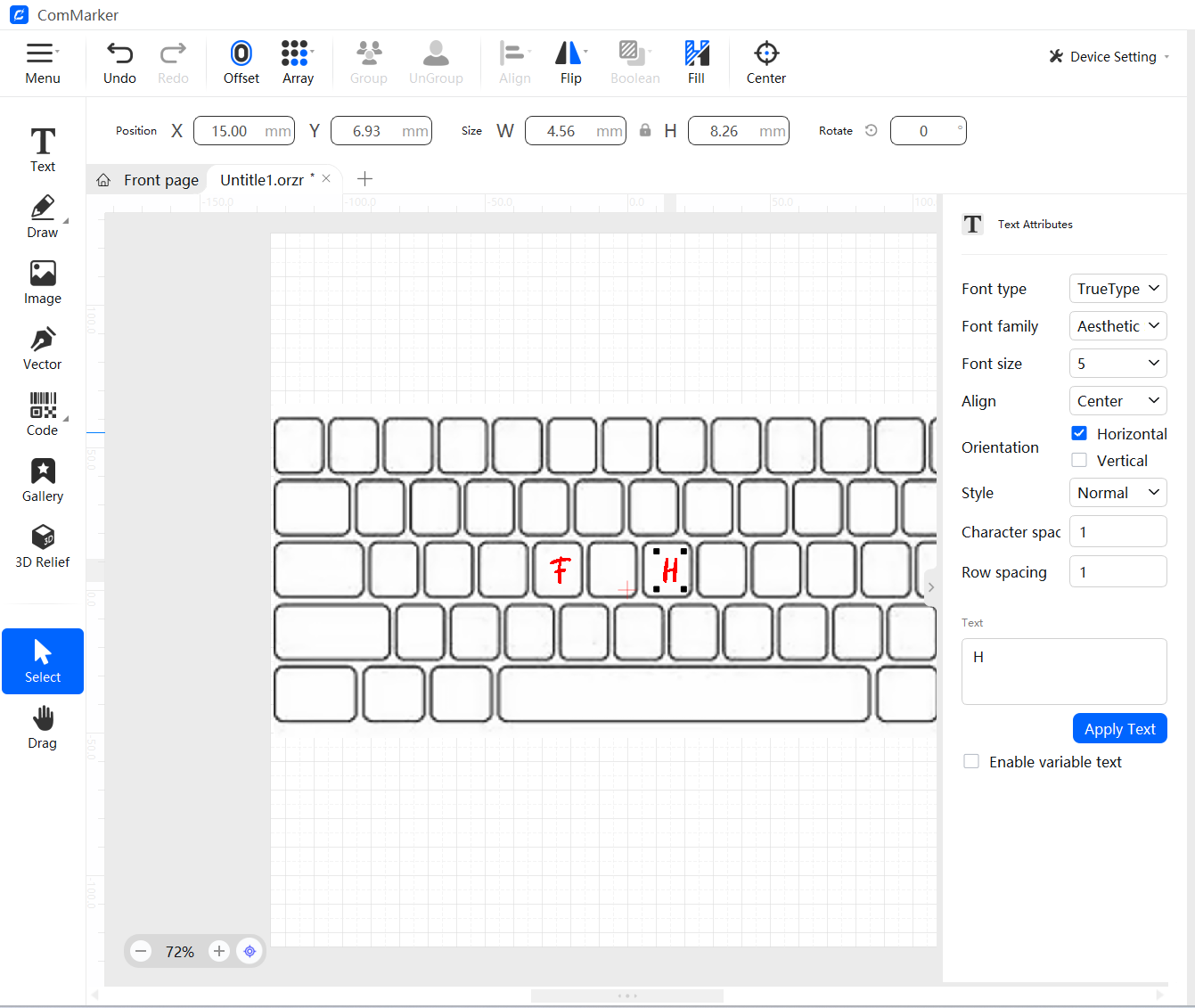 Prepare design in ComMarker Studio for laser engrave keyboard