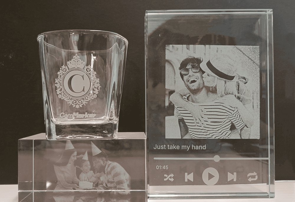 Glass photo engraving on cups and inside or on glass cubes using ComMarker OMNI X UV laser engraver