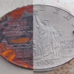 Fiber laser engraver coin cleaning before and after comparison in one image