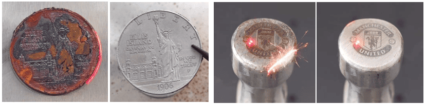 Fiber laser cleaning metal coin and hammer: before and after rust and oxidation removal comparison