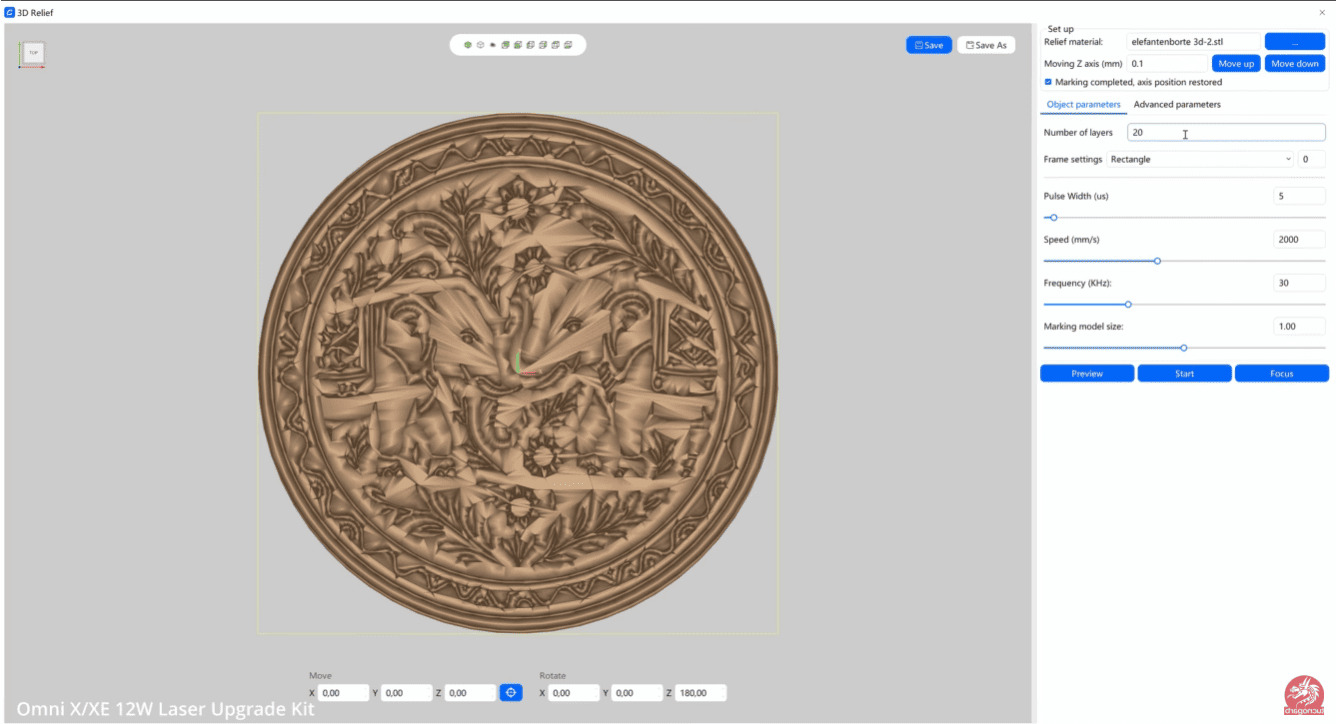 import design and parameters into laser engraving software